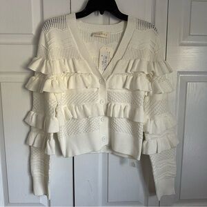 Feminine Coquette Sweater Womens L White Tier Ruffle Button Front V Neck Cottage